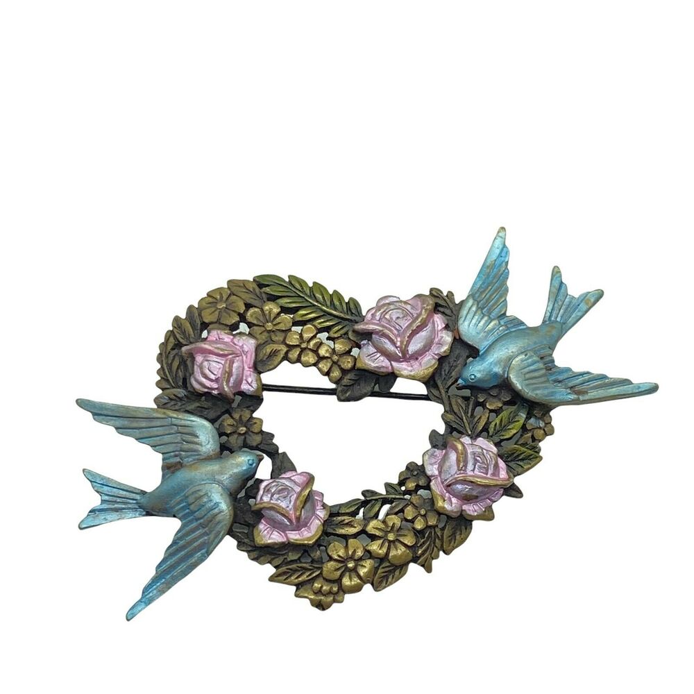 Jj Brooch Pin Love Birds On Heart Womens Sweet Little C Clasp Charming Jewelry